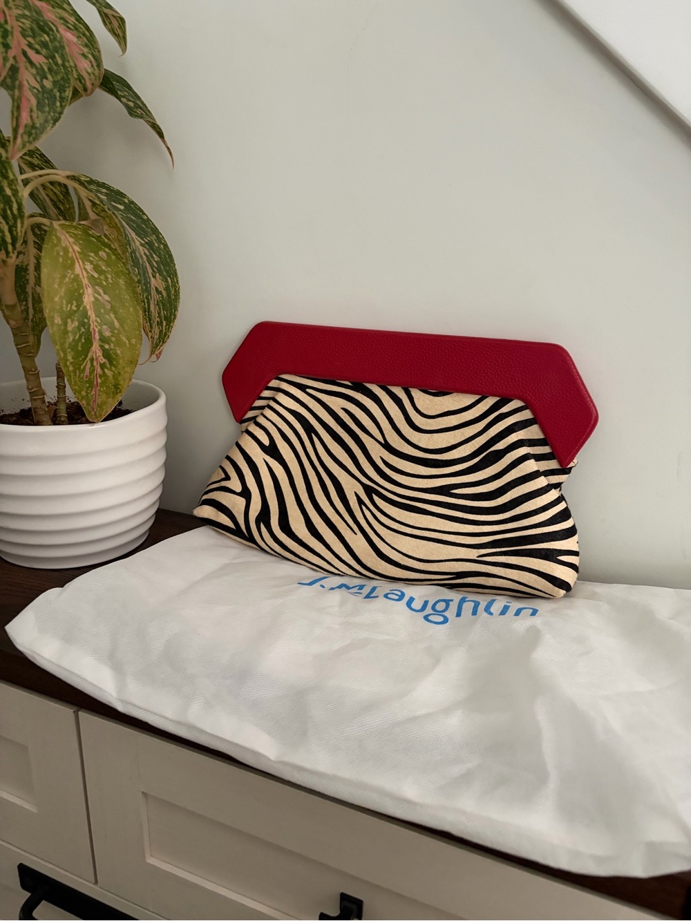 J. McLaughlin Thela Zebra Pony Hair Red Leather Frame Clutch